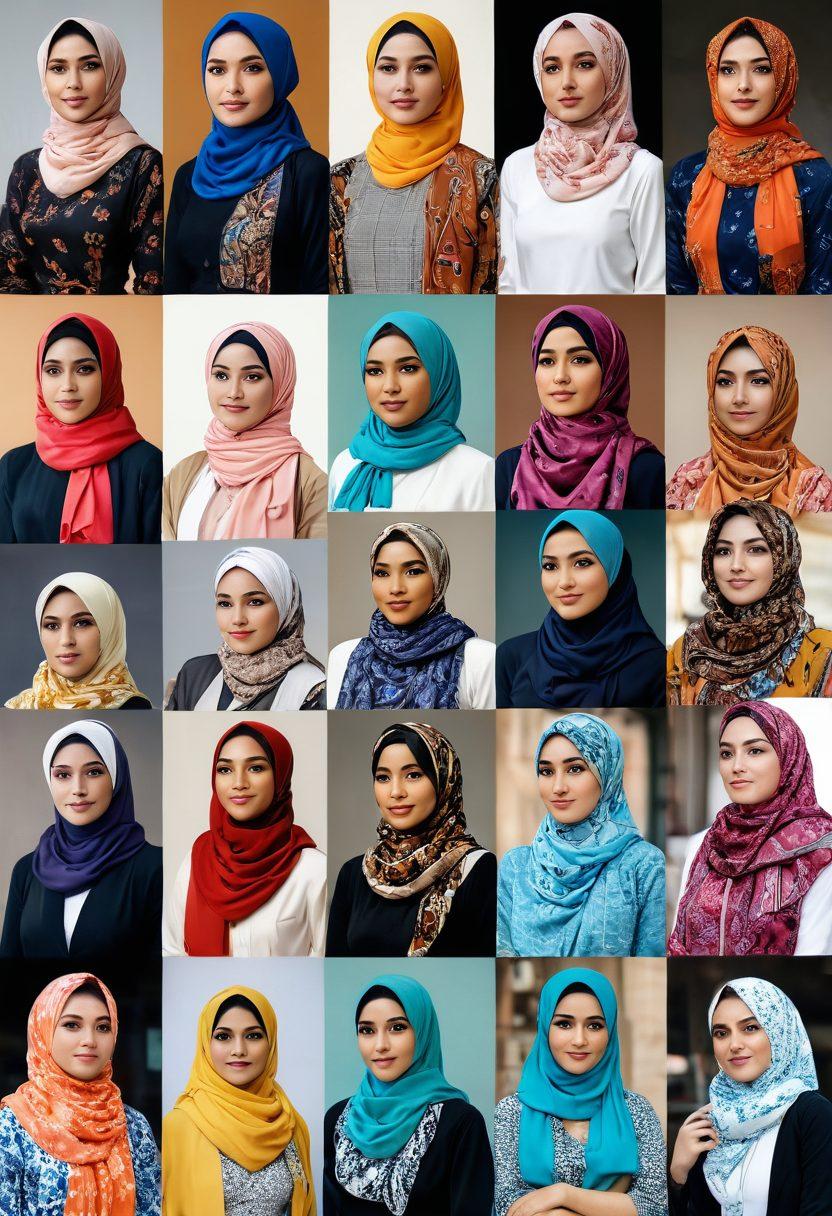 A collage of diverse women wearing beautifully styled hijabs in various vibrant colors and patterns, showcasing different techniques and styles ranging from everyday wear to elegant statement pieces. Each woman is in a unique setting that reflects her individuality, such as a bustling city street, a serene park, and an artistic indoor space. Include intricate details in the hijabs and accessories to enhance the beauty of each look. super-realistic. vibrant colors.
