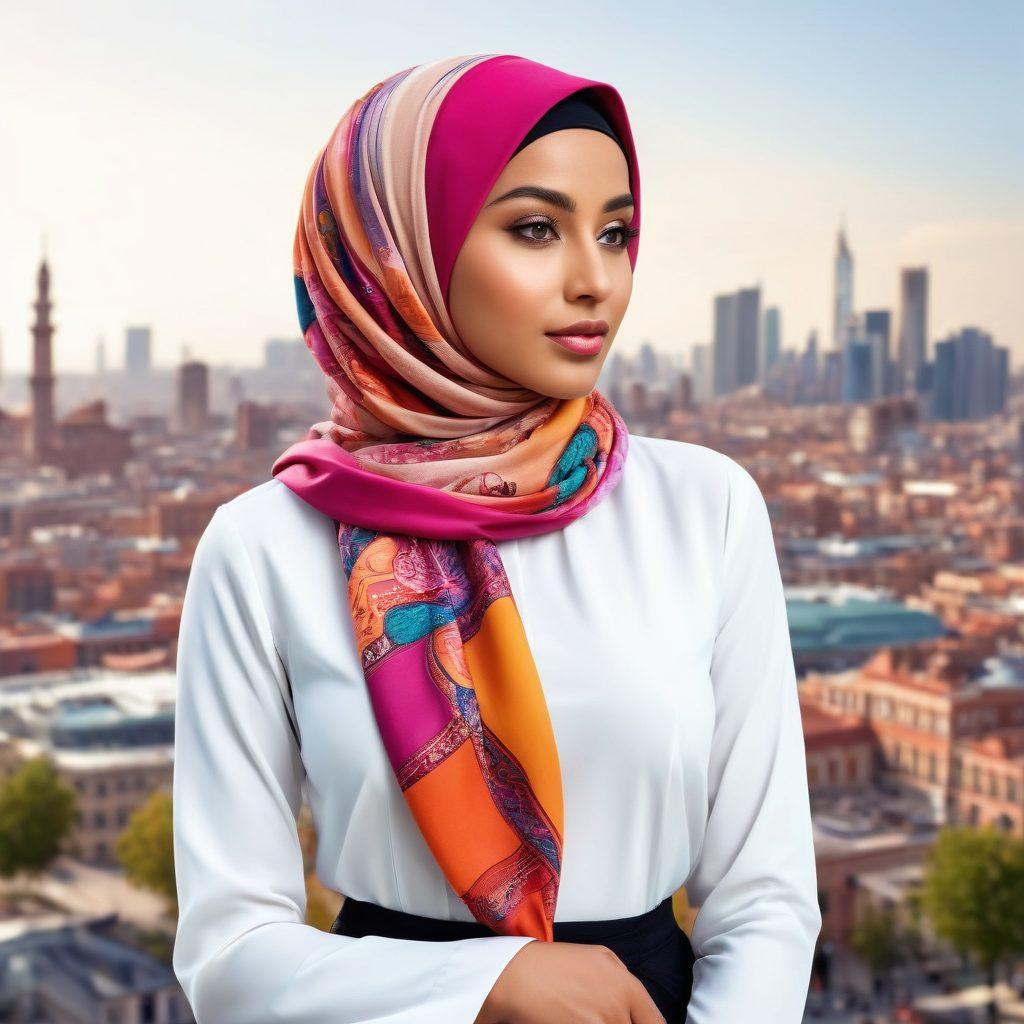 A stylish Muslim woman gracefully wearing a colorful hijab and a fashionable modest outfit, showcasing a blend of modern and traditional fashion elements. The background features a cityscape with landmarks symbolizing diverse cultures, highlighting inclusivity in fashion. Soft natural lighting enhances the elegance of the scene. super-realistic. vibrant colors. white background.
