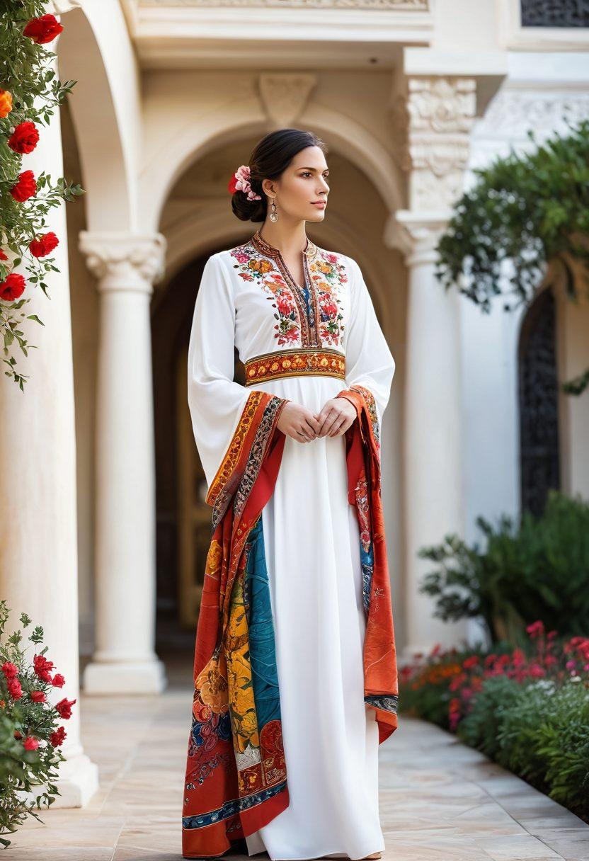 A serene woman dressed in a flowing, elegant modest attire that merges cultural influences from around the globe. She stands confidently in an outdoor setting adorned with colorful flowers and traditional fabrics, symbolizing fashion diversity. The background showcases a harmonious blend of architecture representing different cultures. Emphasize vibrant colors and intricate patterns in her clothing. super-realistic. vibrant colors. white background.